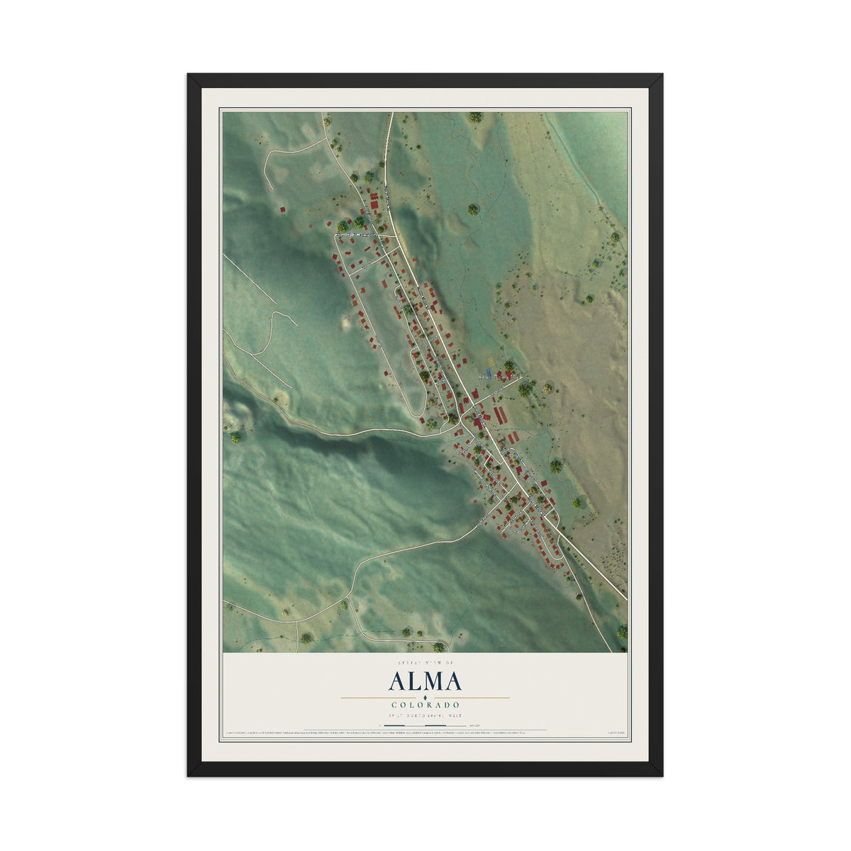 Map of Alma, Colorado, 12 x 18 inch print in a black wood frame