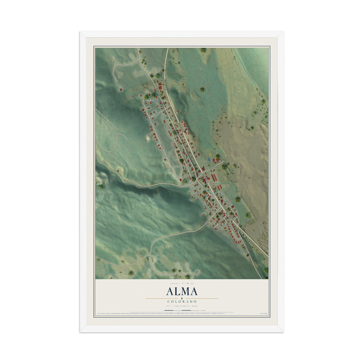 Map of Alma, Colorado, 12 x 18 inch print in a white wood frame