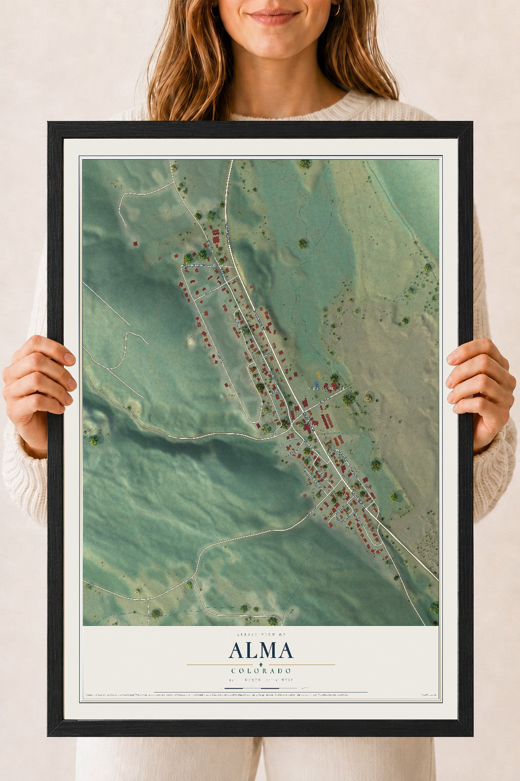 Map of Alma, Colorado, 18 x 24 inch print in a black wood frame