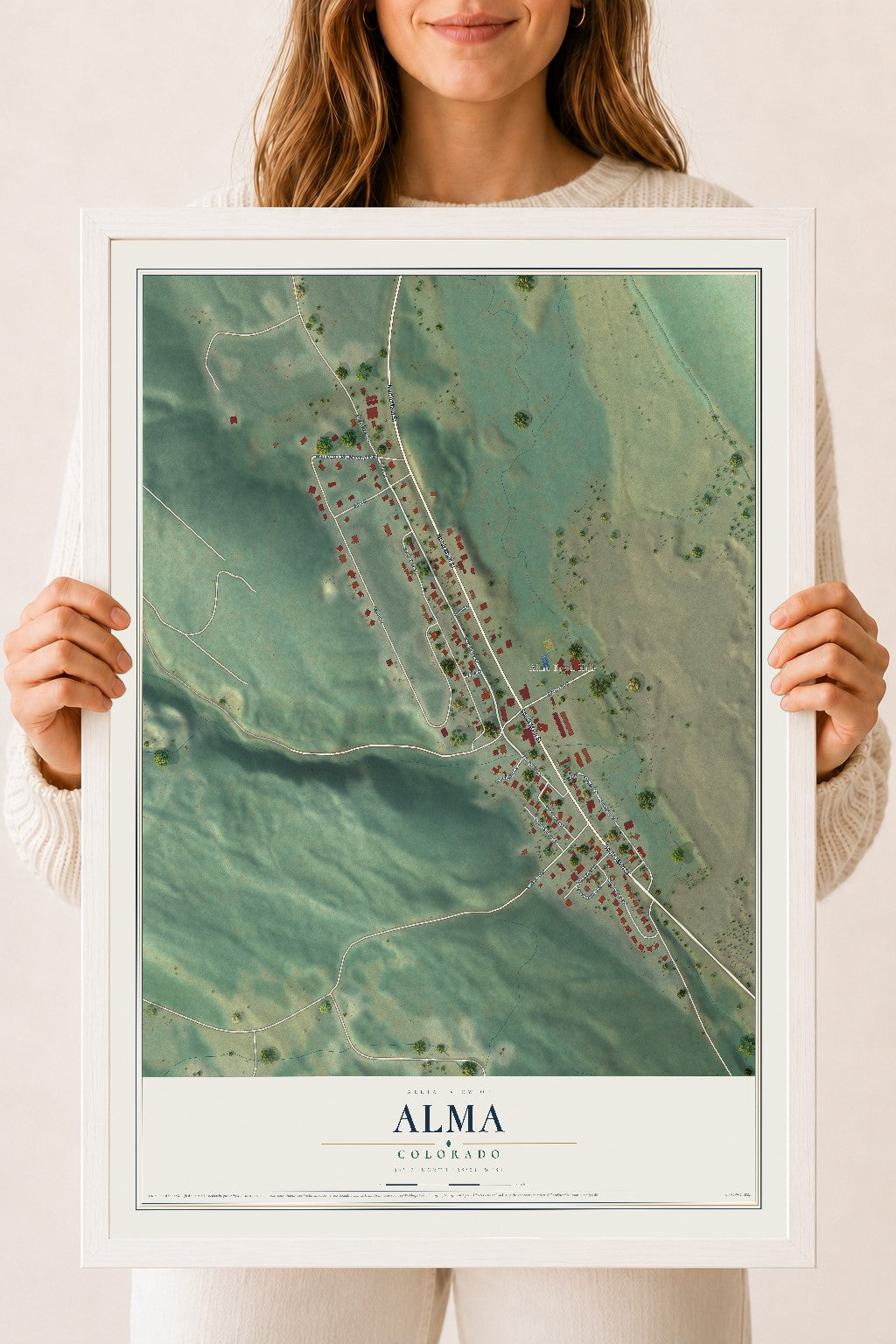 Map of Alma, Colorado, 18 x 24 inch print in a white wood frame