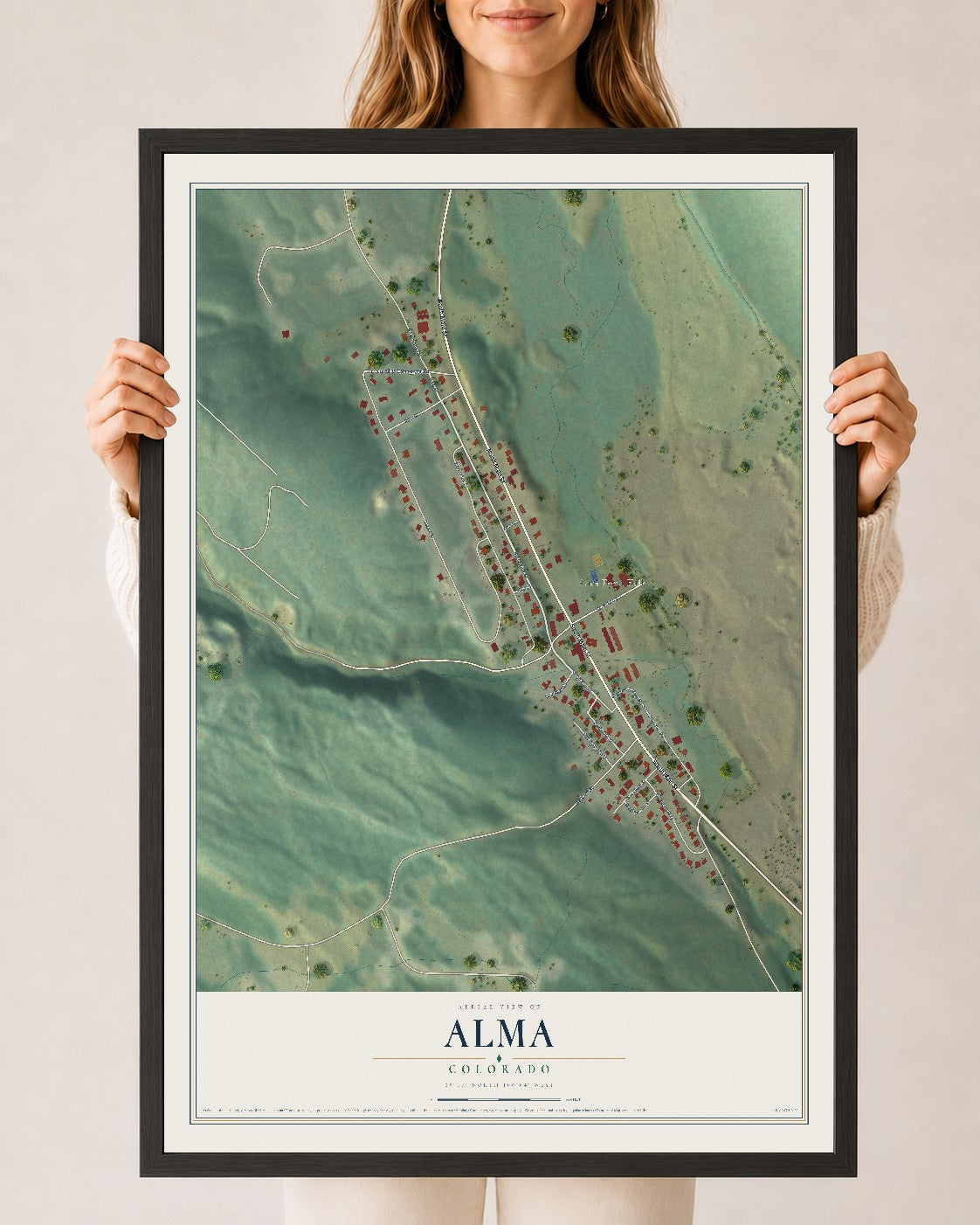 Map of Alma, Colorado, 24 x 36 inch print in a black wood frame