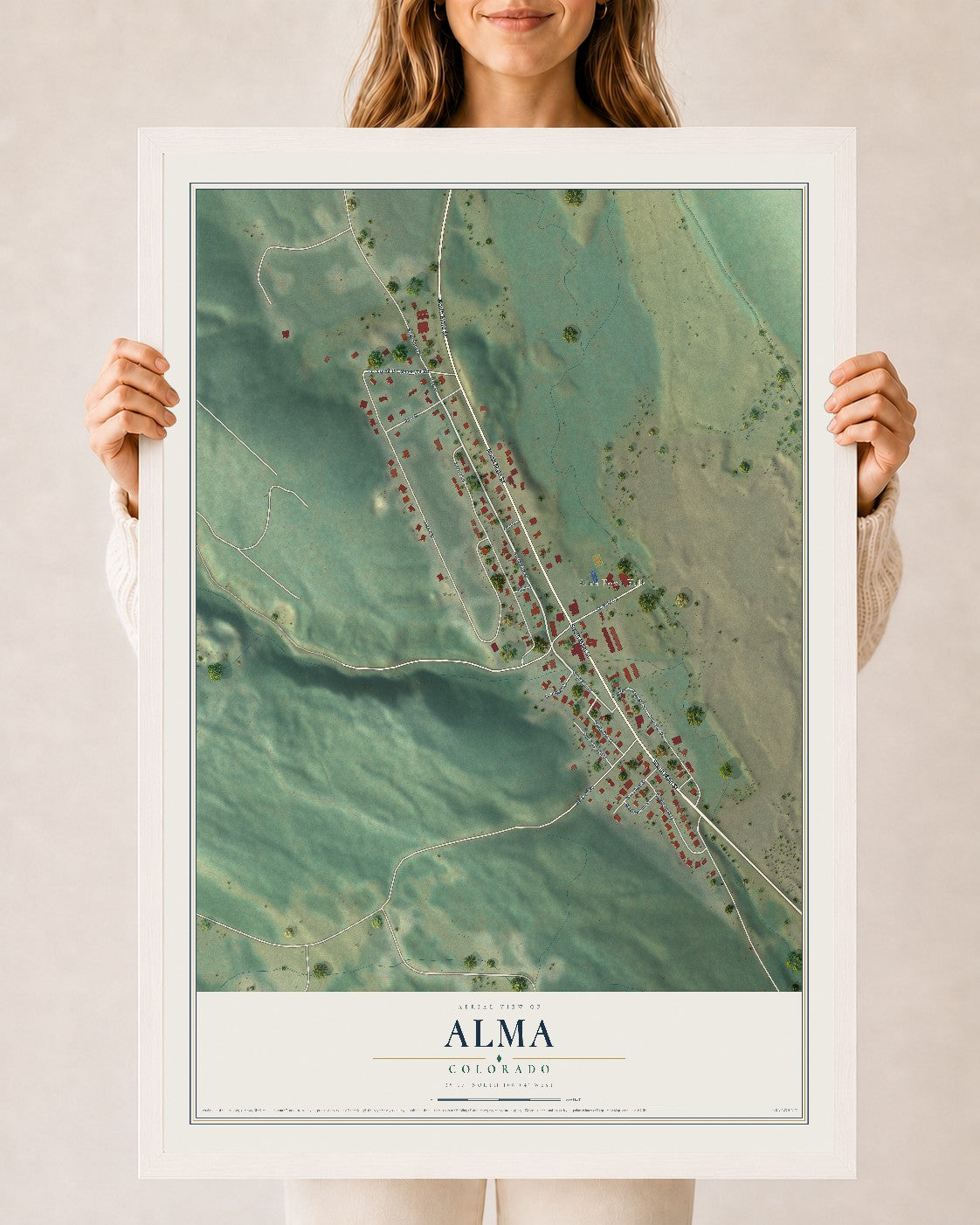 Map of Alma, Colorado, 24 x 36 inch print in a white wood frame