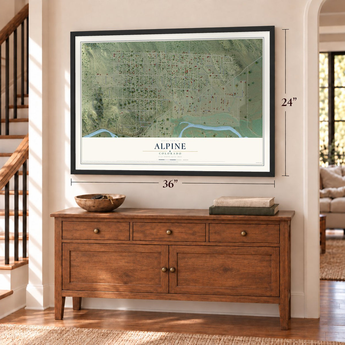 Alpine, Colorado map, 24 x 36 inch print in a black frame above a dresser by a staircase