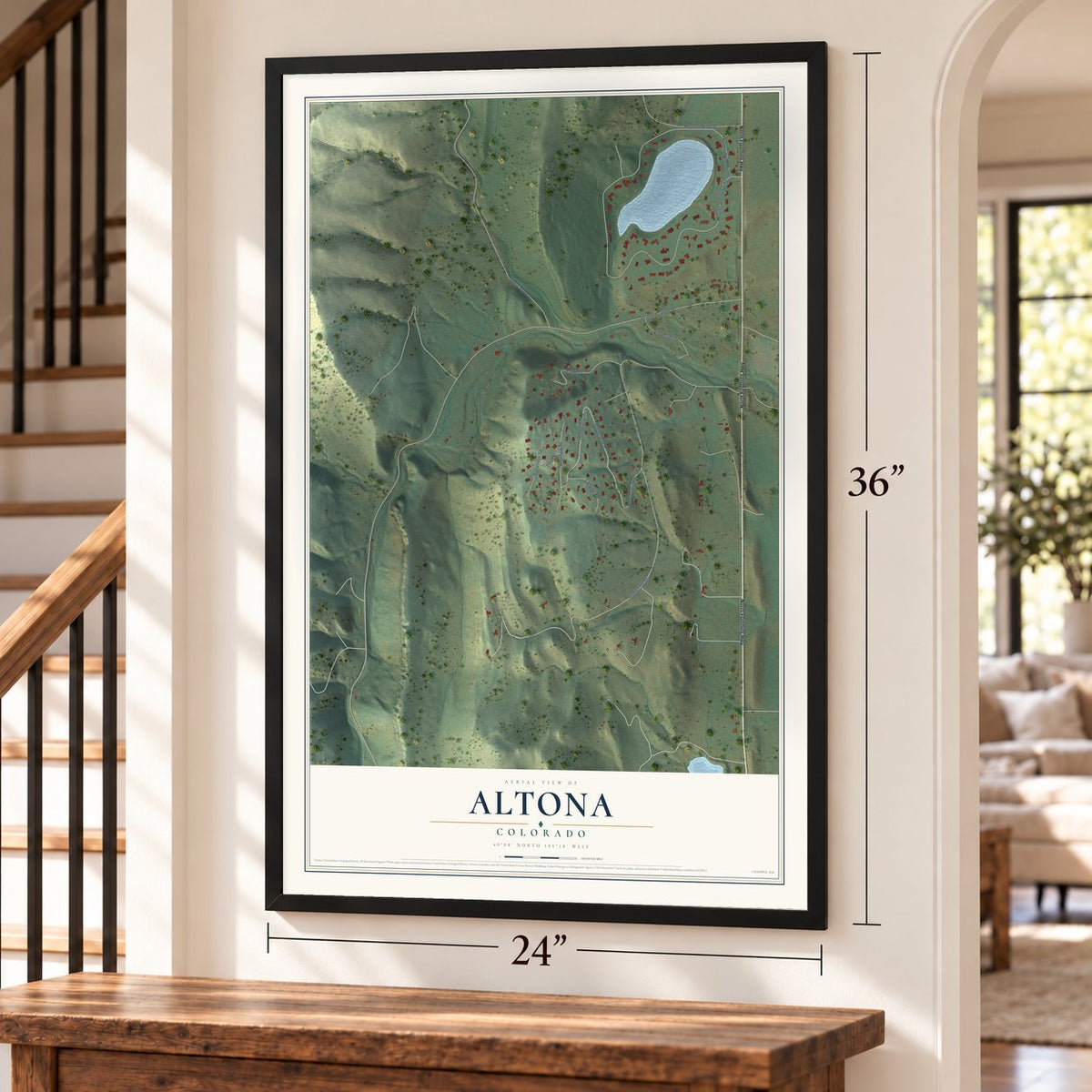Altona, Colorado map, 24 x 36 inch print in a black frame by a staircase