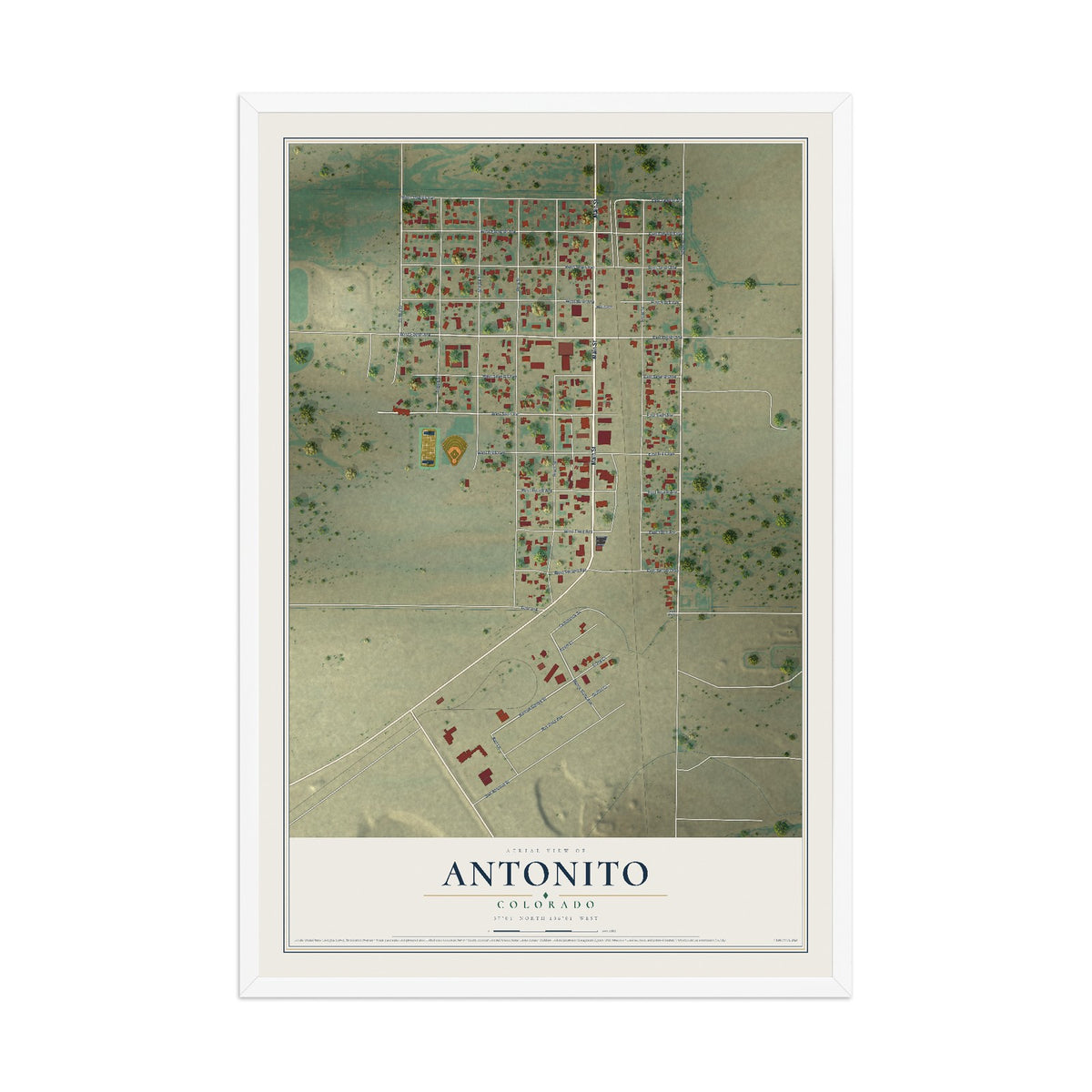 Map of Antonito, Colorado, 12 x 18 inch print in a white wood frame