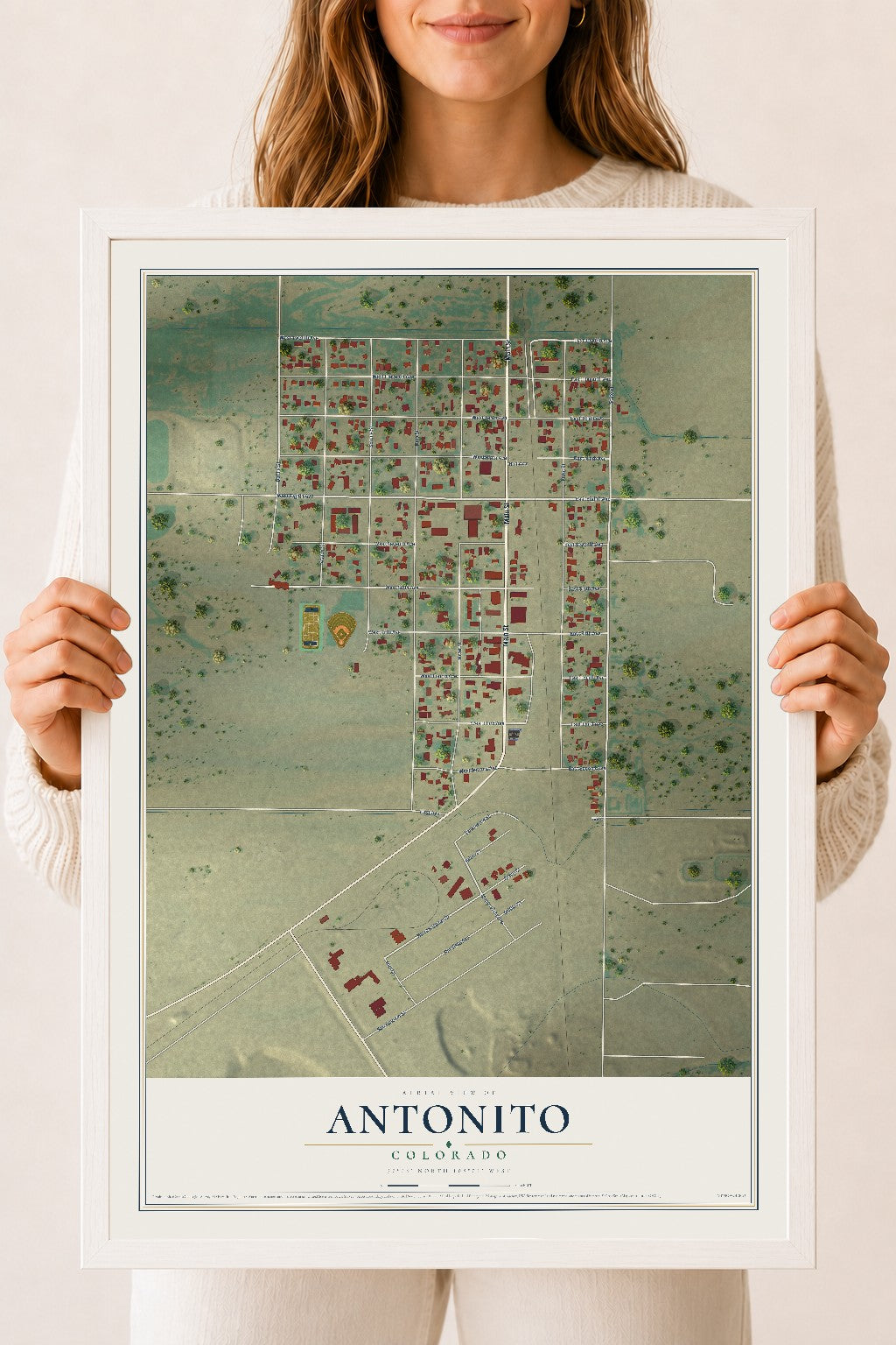 Map of Antonito, Colorado, 18 x 24 inch print in a white wood frame