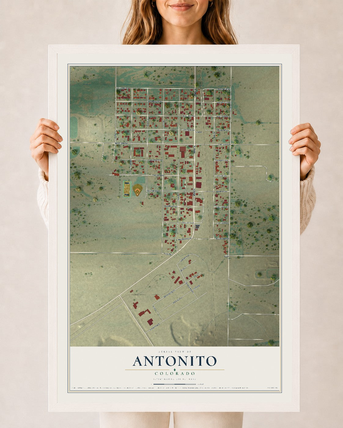 Map of Antonito, Colorado, 24 x 36 inch print in a white wood frame