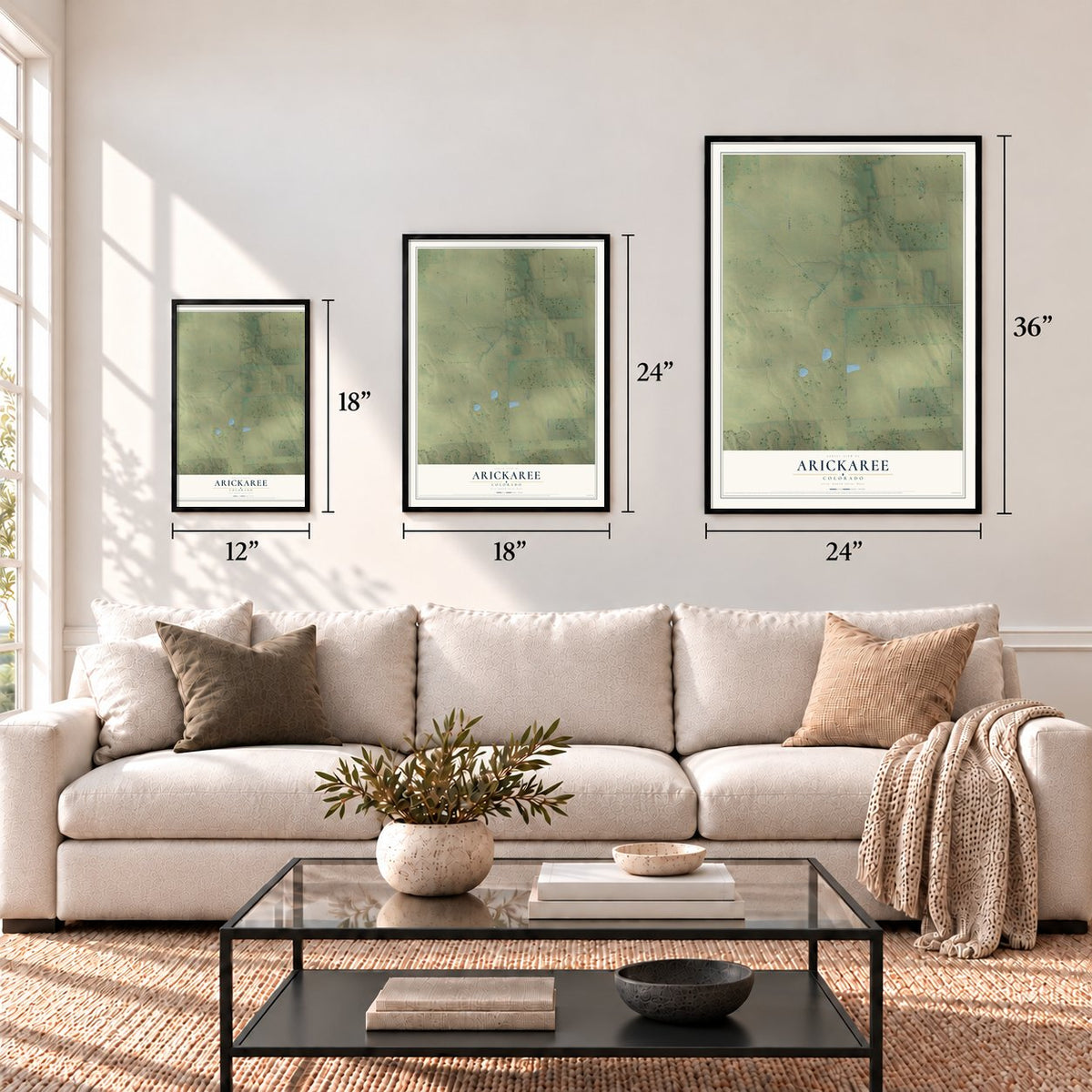 Arickaree, Colorado map in 12 x 18, 18 x 24 and 24 x 36 inch sizes above a sofa