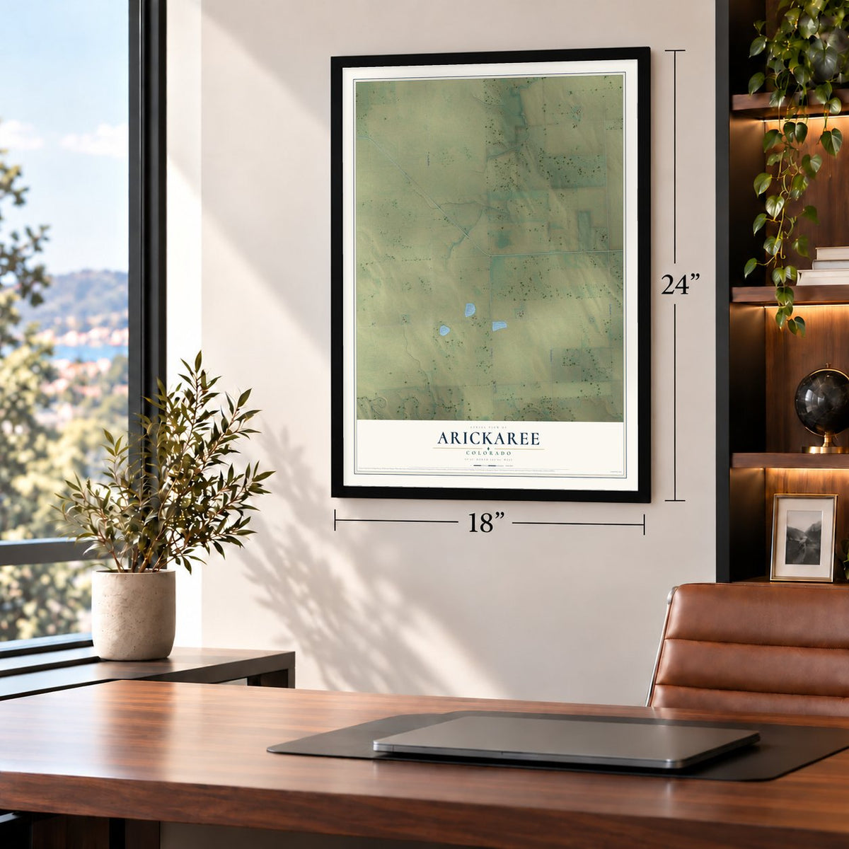 Arickaree, Colorado map, 18 x 24 inch print in a black frame in a home office