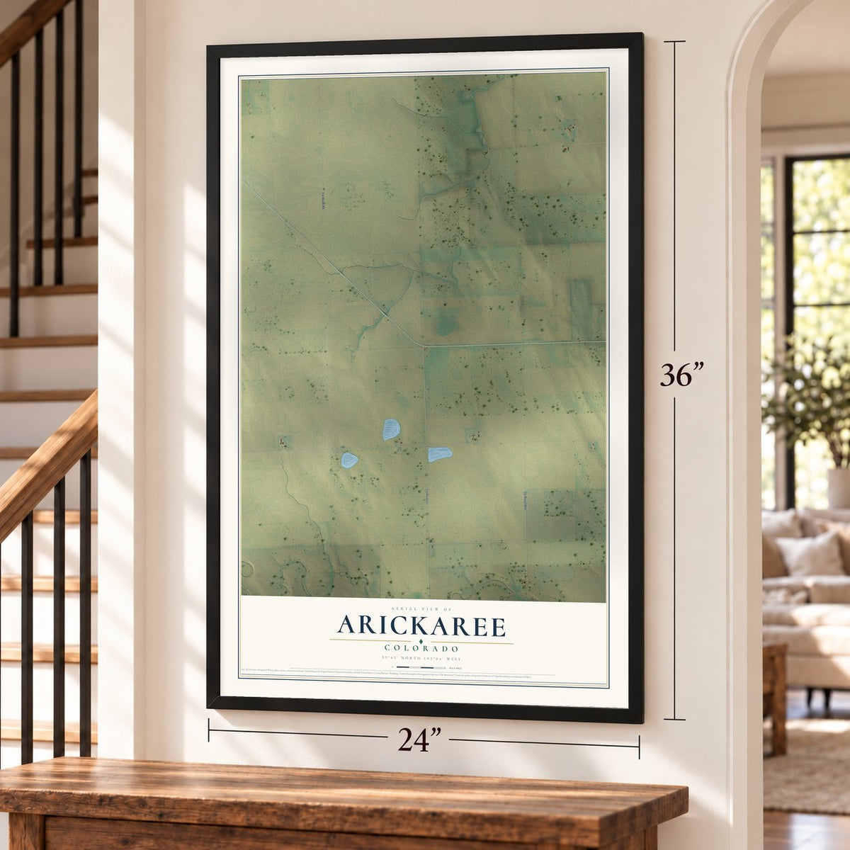 Arickaree, Colorado map, 24 x 36 inch print in a black frame by a staircase