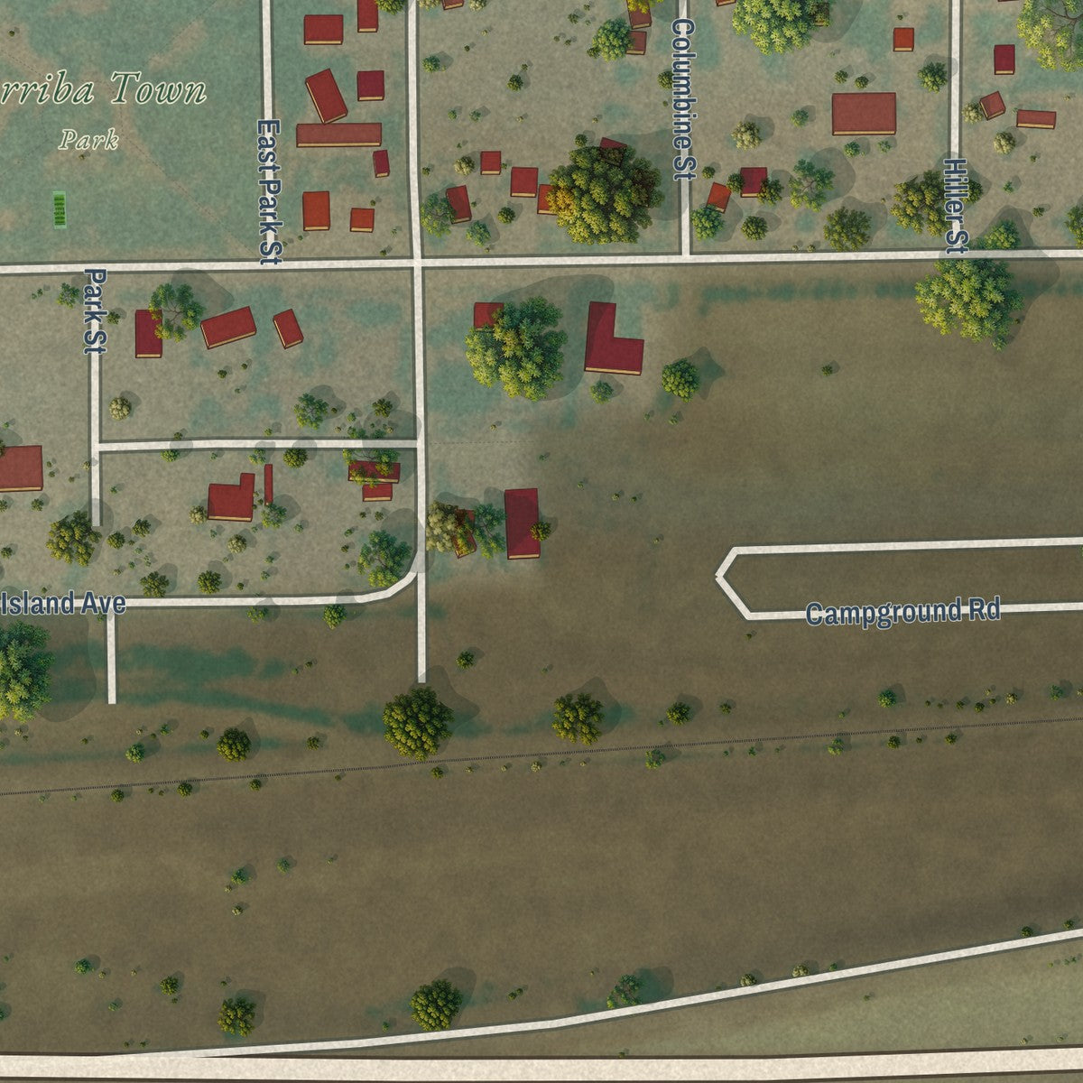 Second close-up of the map of Arriba, Colorado print showing more streets and buildings