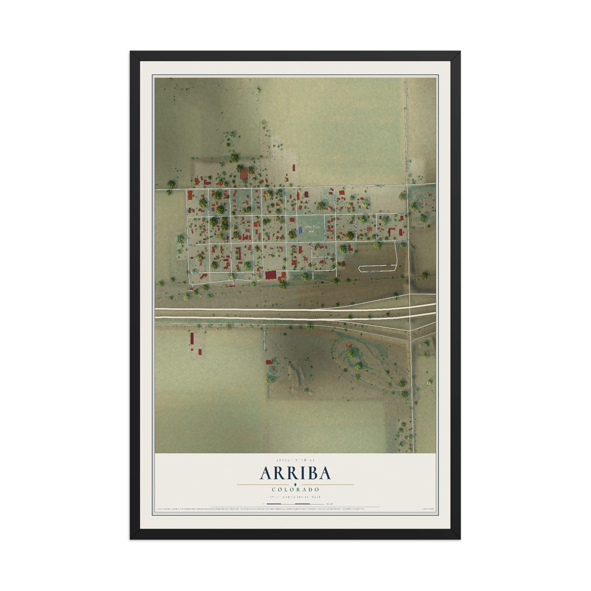 Map of Arriba, Colorado, 12 x 18 inch print in a black wood frame