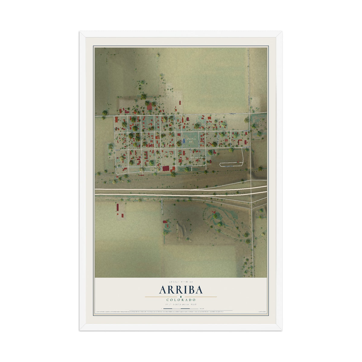 Map of Arriba, Colorado, 12 x 18 inch print in a white wood frame