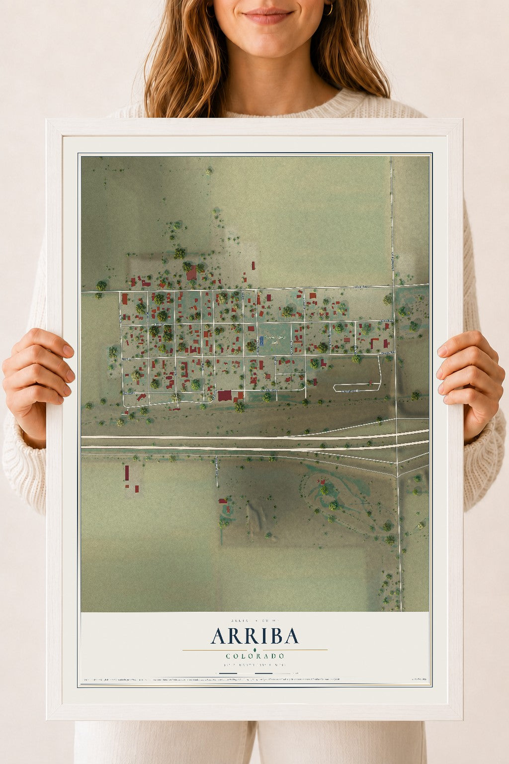 Map of Arriba, Colorado, 18 x 24 inch print in a white wood frame