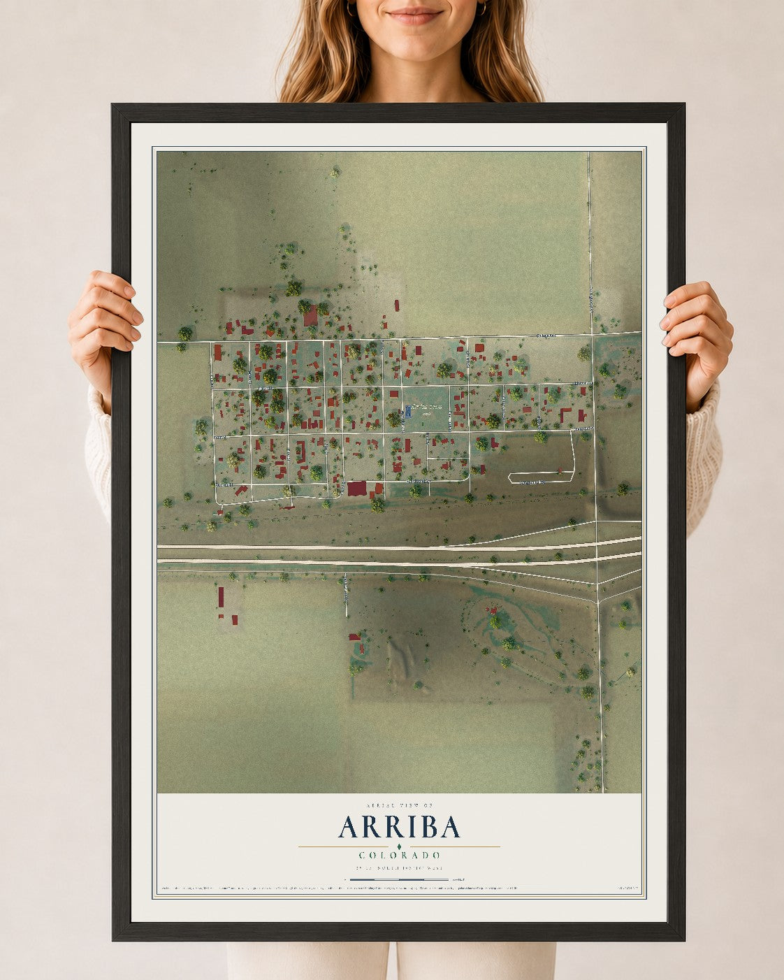 Map of Arriba, Colorado, 24 x 36 inch print in a black wood frame