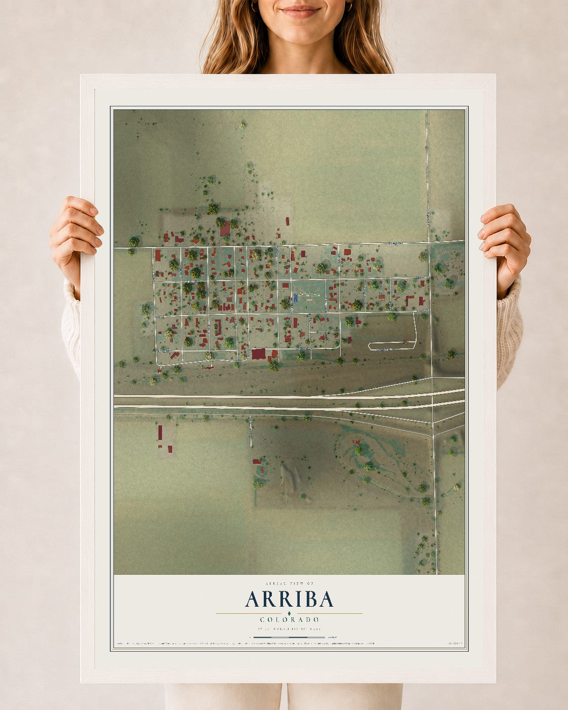 Map of Arriba, Colorado, 24 x 36 inch print in a white wood frame