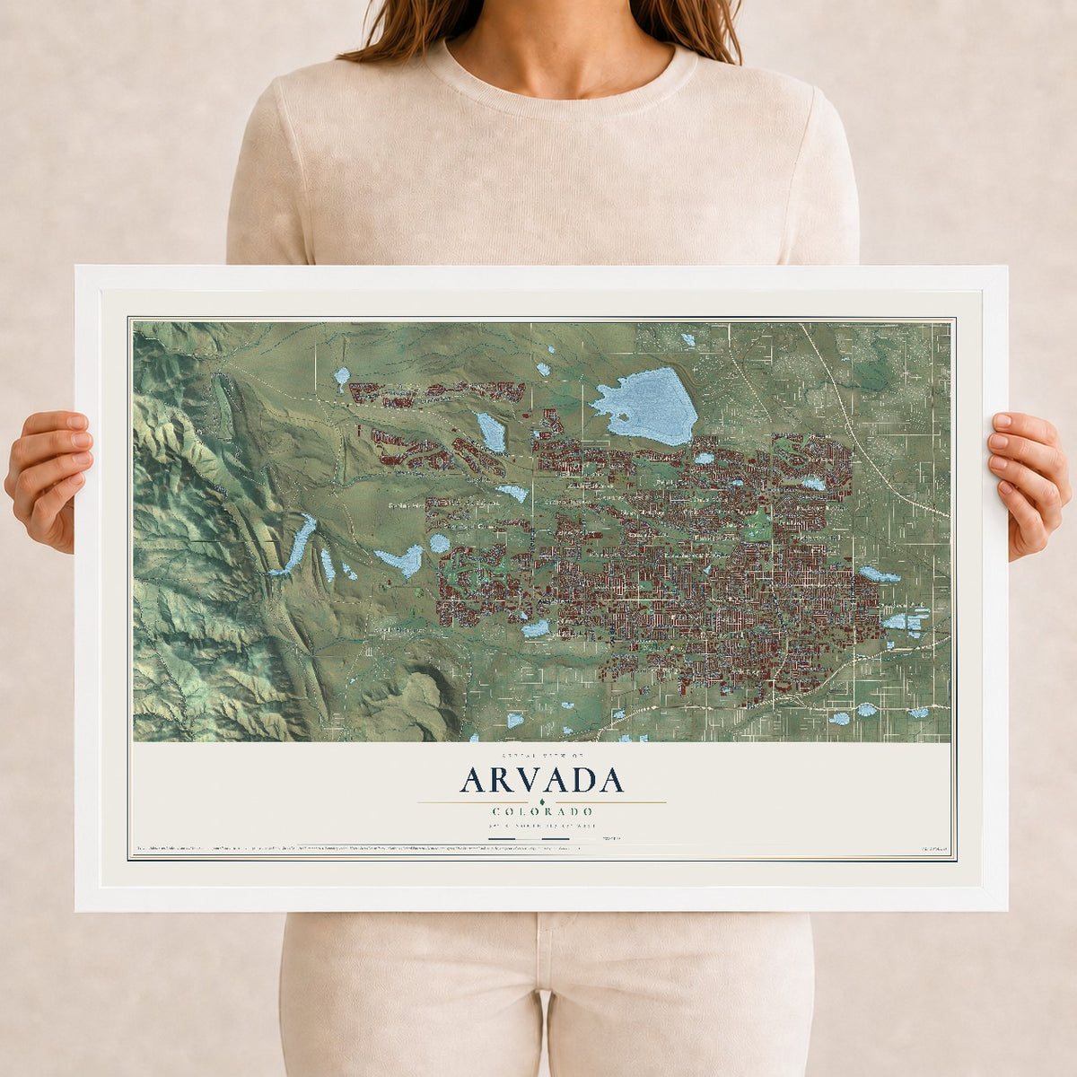 Map of Arvada, Colorado, 12 x 18 inch print in a white wood frame