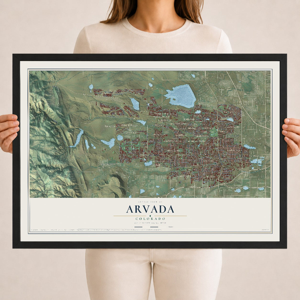 Map of Arvada, Colorado, 18 x 24 inch print in a black wood frame