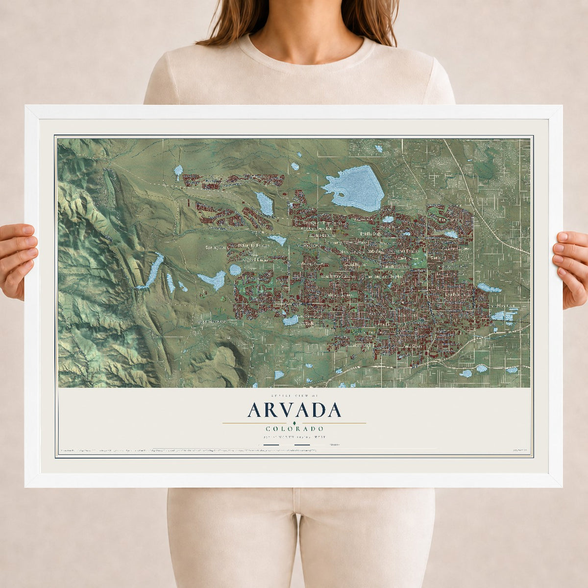 Map of Arvada, Colorado, 18 x 24 inch print in a white wood frame