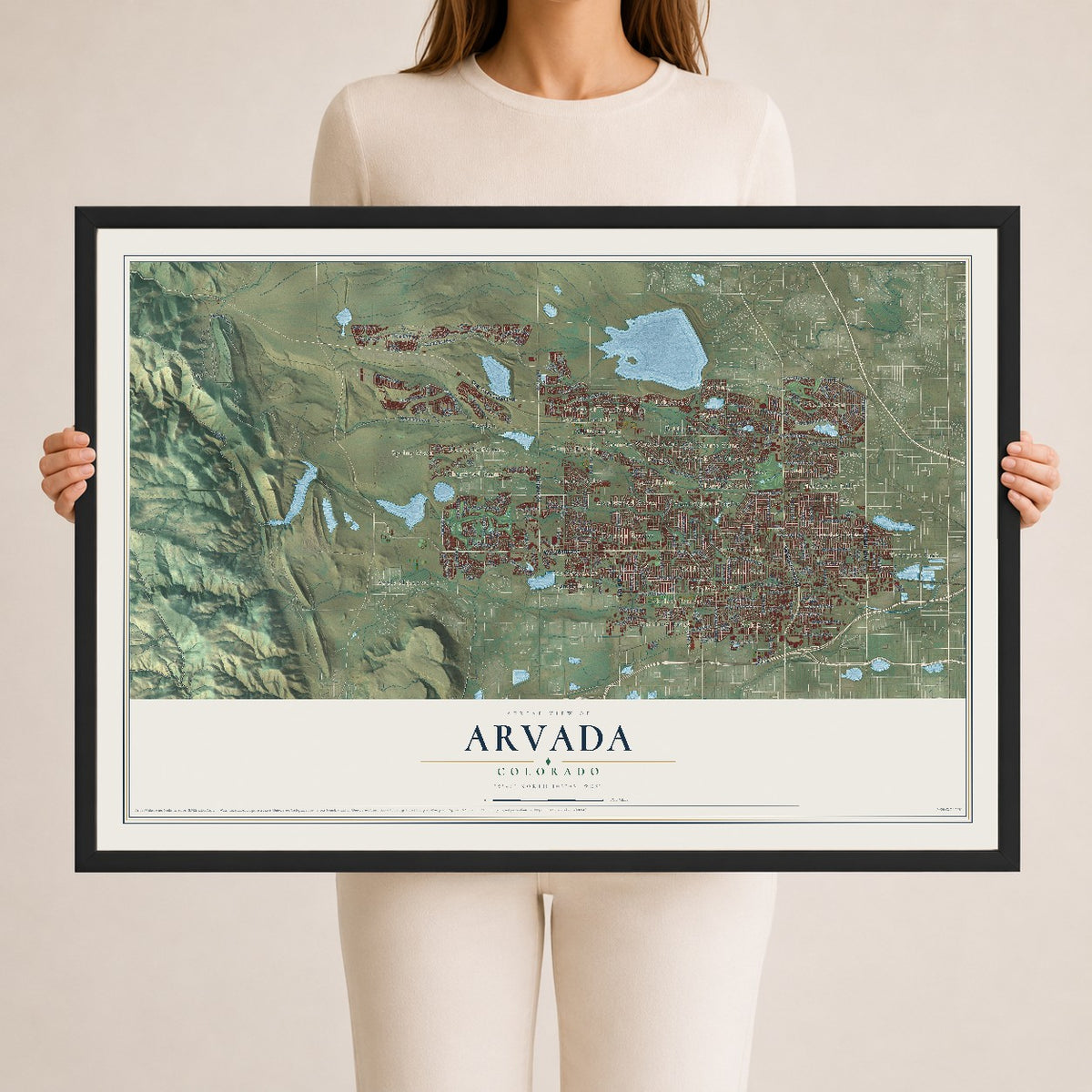 Map of Arvada, Colorado, 24 x 36 inch print in a black wood frame