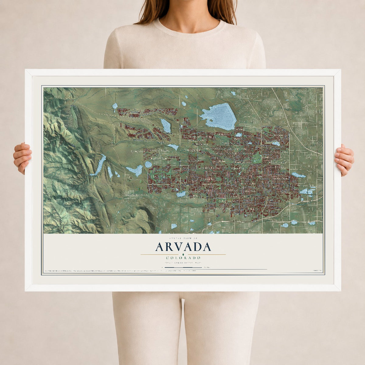 Map of Arvada, Colorado, 24 x 36 inch print in a white wood frame