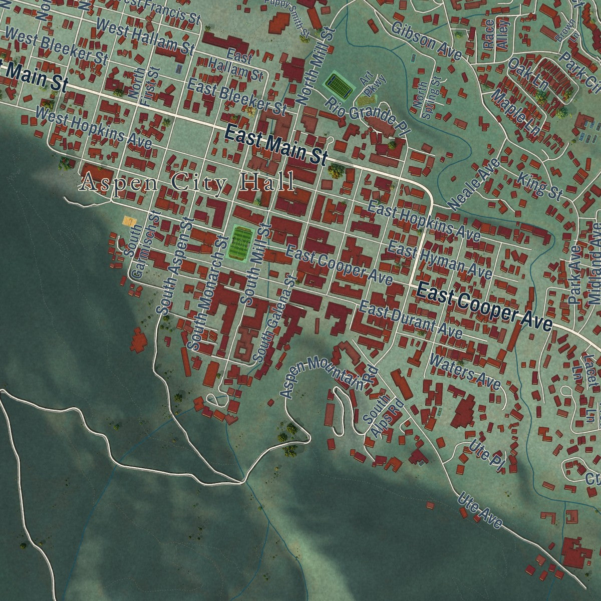 Close-up of the map of Aspen, Colorado print showing street and building detail