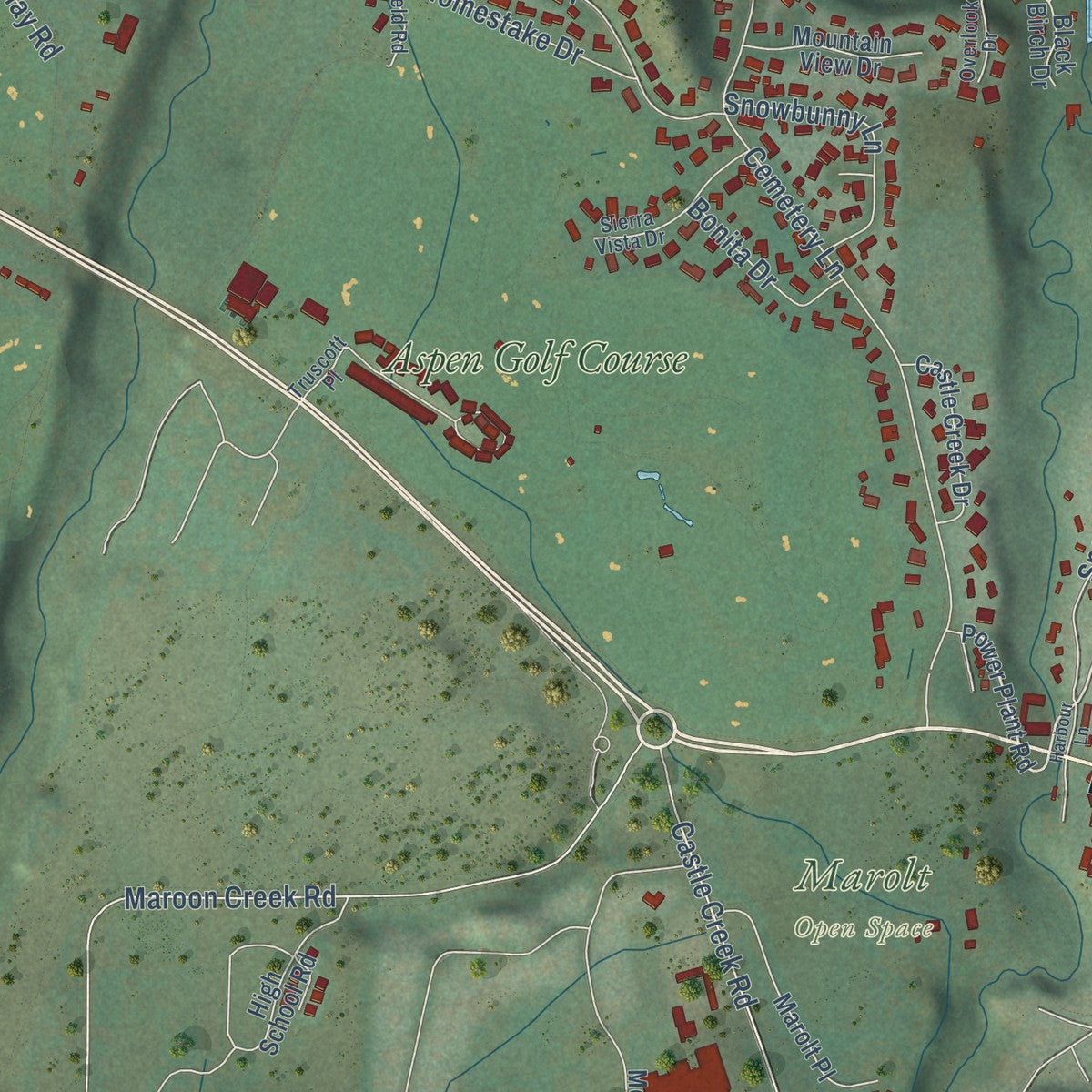 Second close-up of the map of Aspen, Colorado print showing more streets and buildings