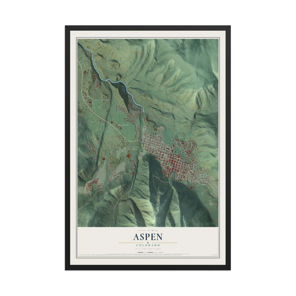 Map of Aspen, Colorado, 12 x 18 inch print in a black wood frame