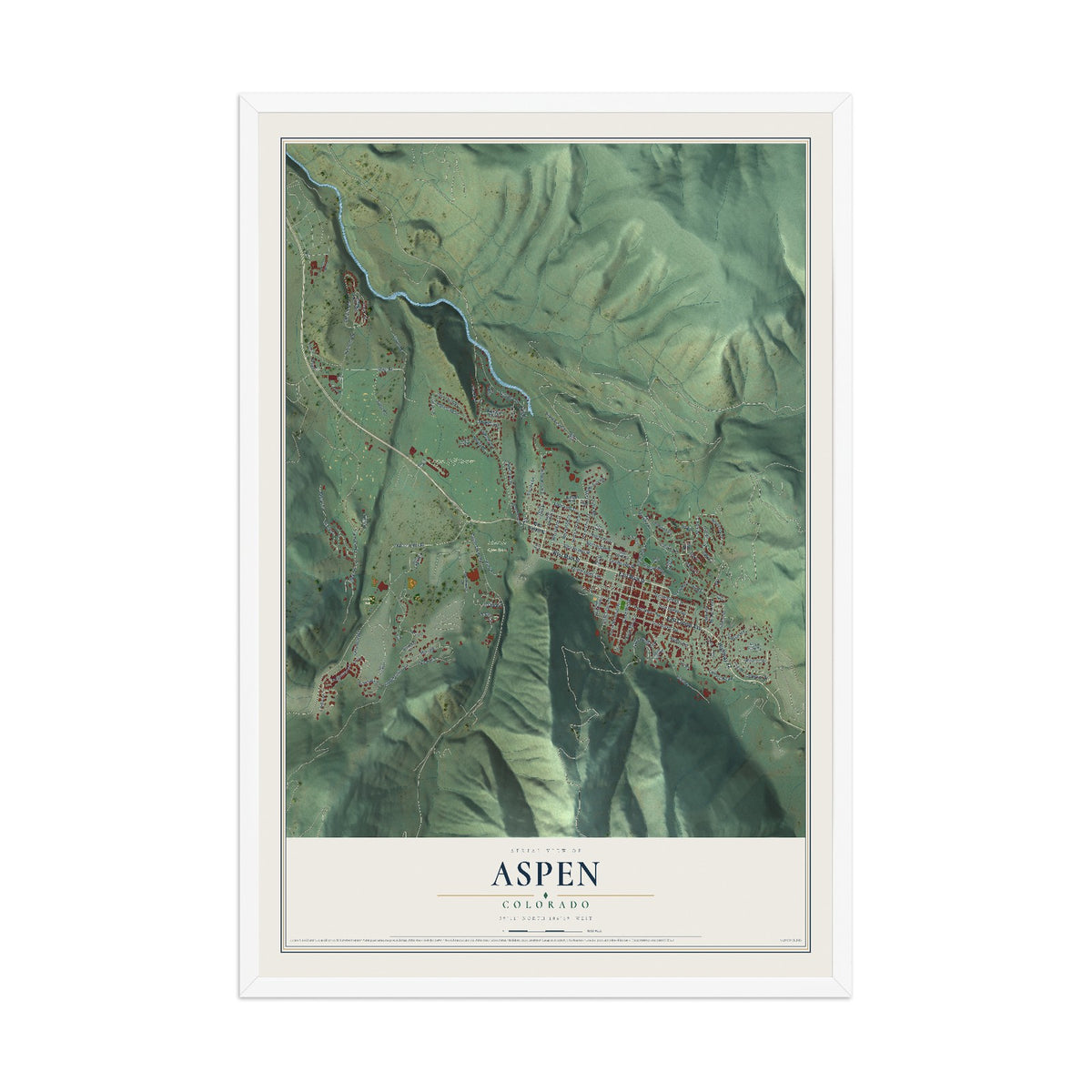 Map of Aspen, Colorado, 12 x 18 inch print in a white wood frame