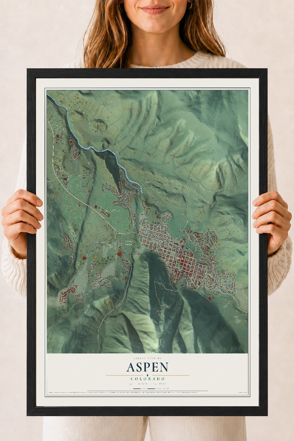 Map of Aspen, Colorado, 18 x 24 inch print in a black wood frame