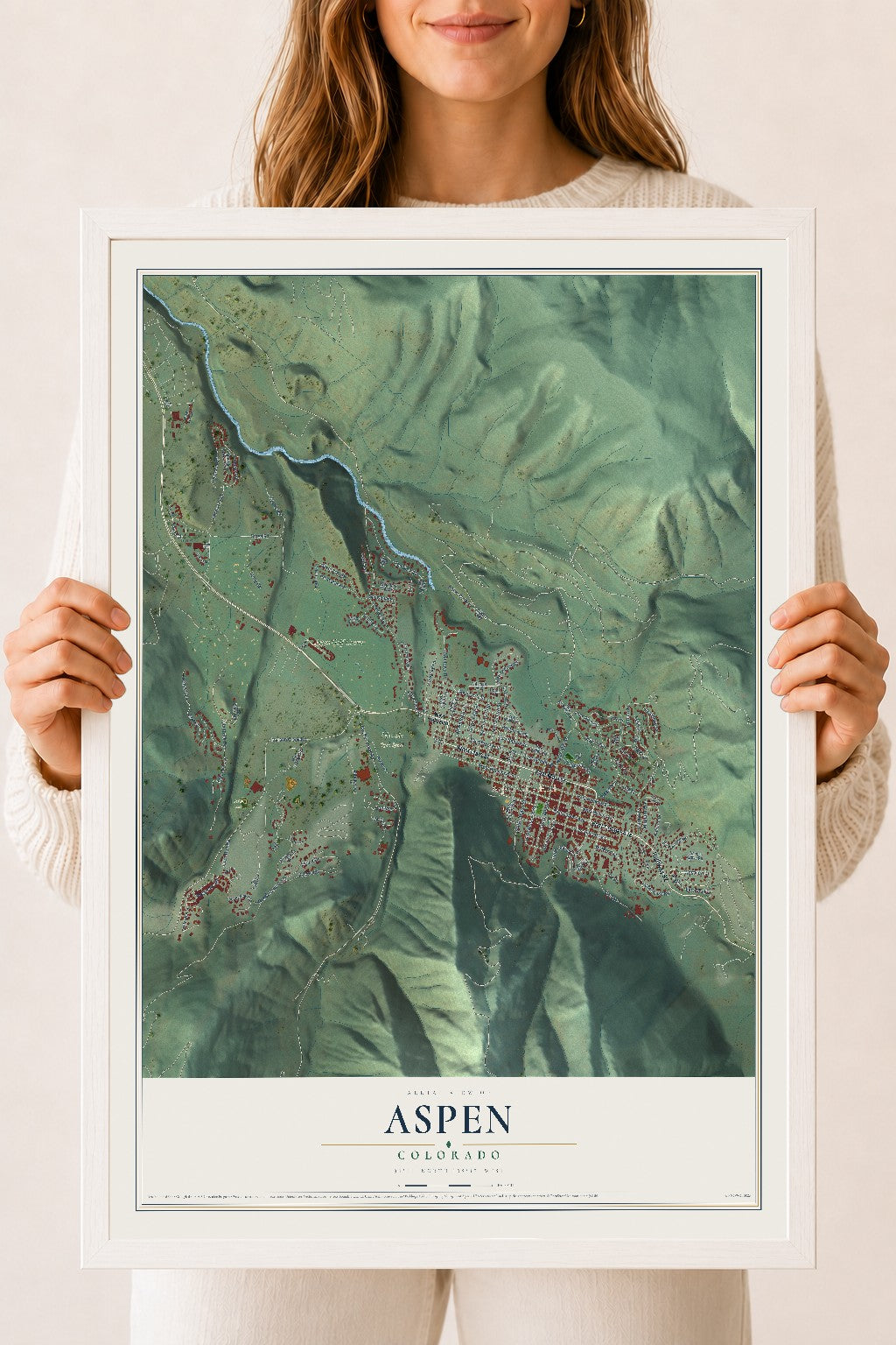 Map of Aspen, Colorado, 18 x 24 inch print in a white wood frame