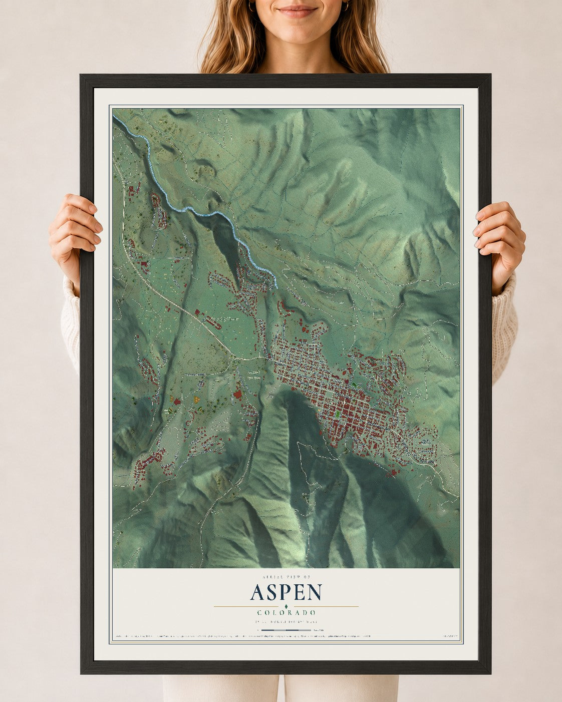 Map of Aspen, Colorado, 24 x 36 inch print in a black wood frame