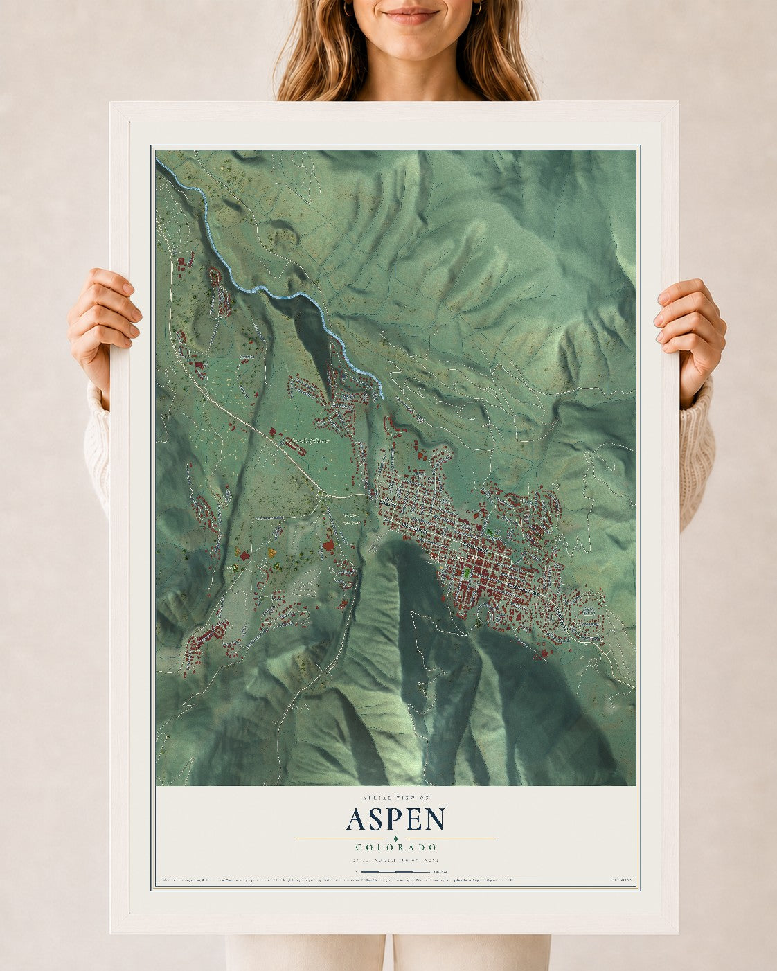 Map of Aspen, Colorado, 24 x 36 inch print in a white wood frame