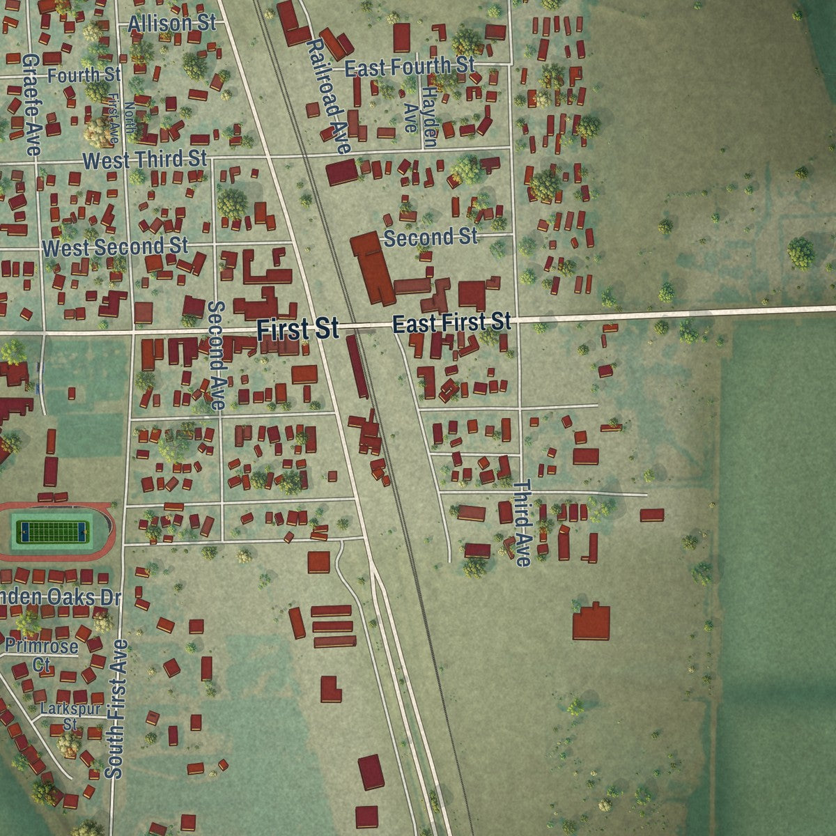 Close-up of the map of Ault, Colorado print showing street and building detail