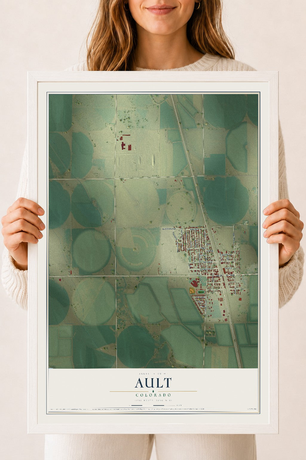 Map of Ault, Colorado, 18 x 24 inch print in a white wood frame