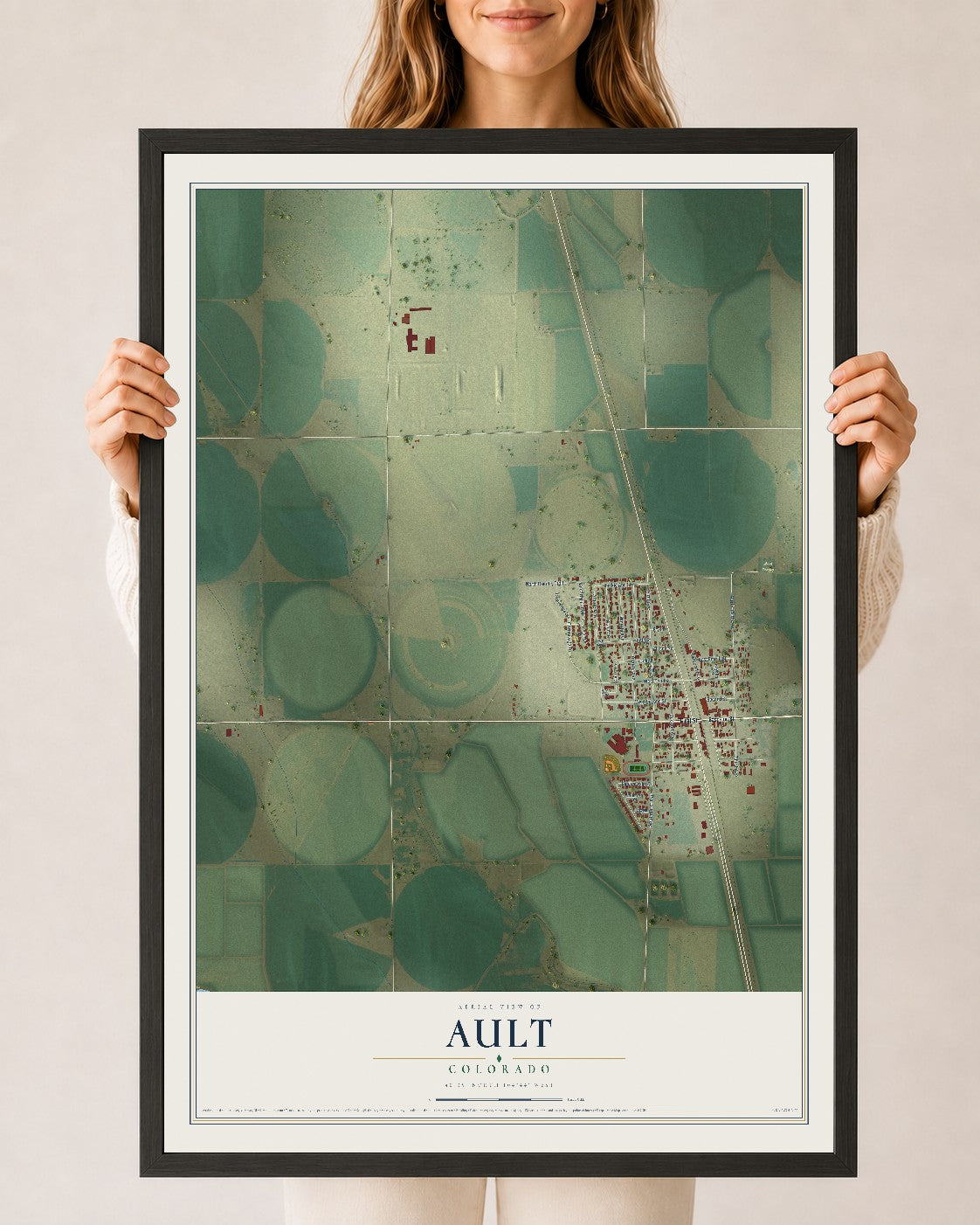 Map of Ault, Colorado, 24 x 36 inch print in a black wood frame
