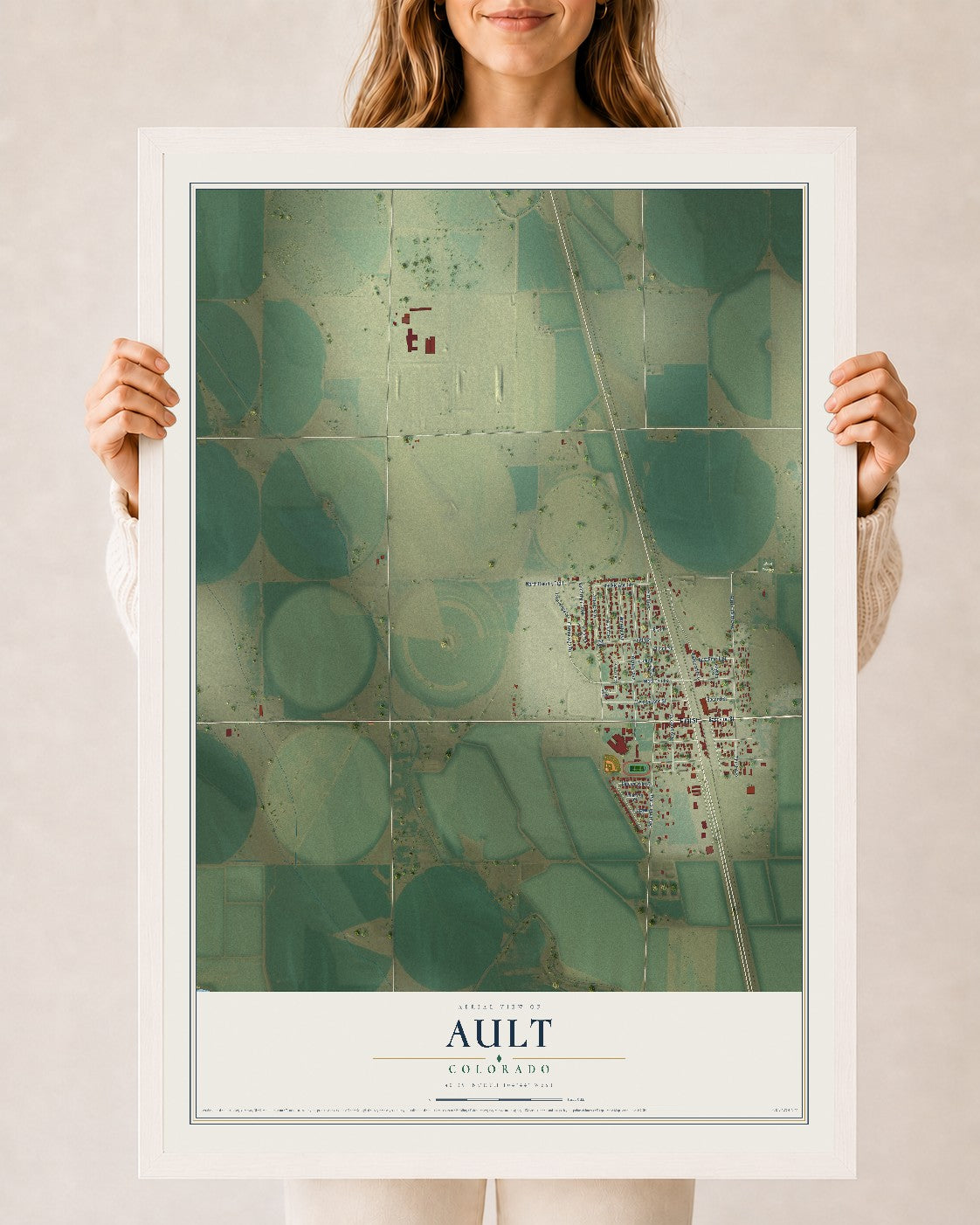Map of Ault, Colorado, 24 x 36 inch print in a white wood frame