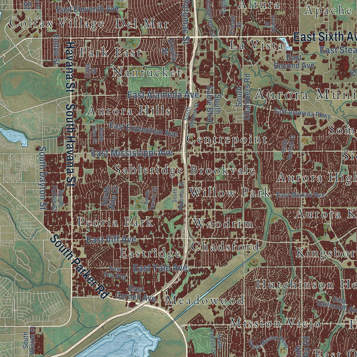 Close-up of the map of Aurora, Colorado print showing street and building detail