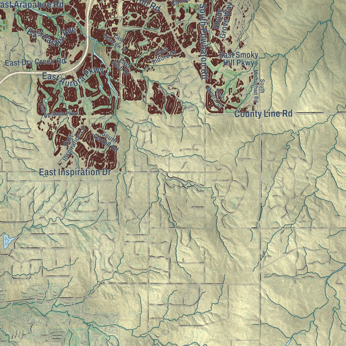 Second close-up of the map of Aurora, Colorado print showing more streets and buildings