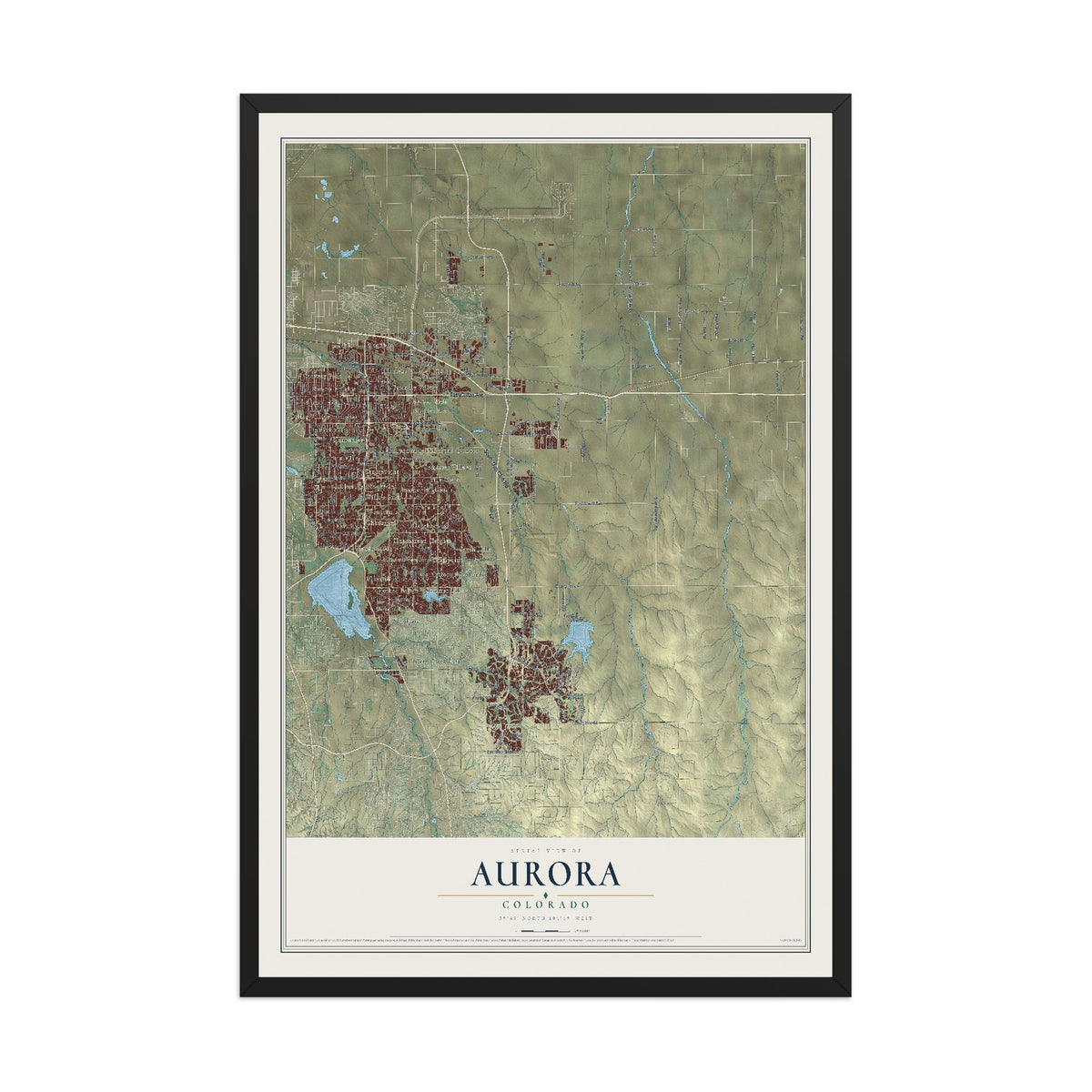 Map of Aurora, Colorado, 12 x 18 inch print in a black wood frame