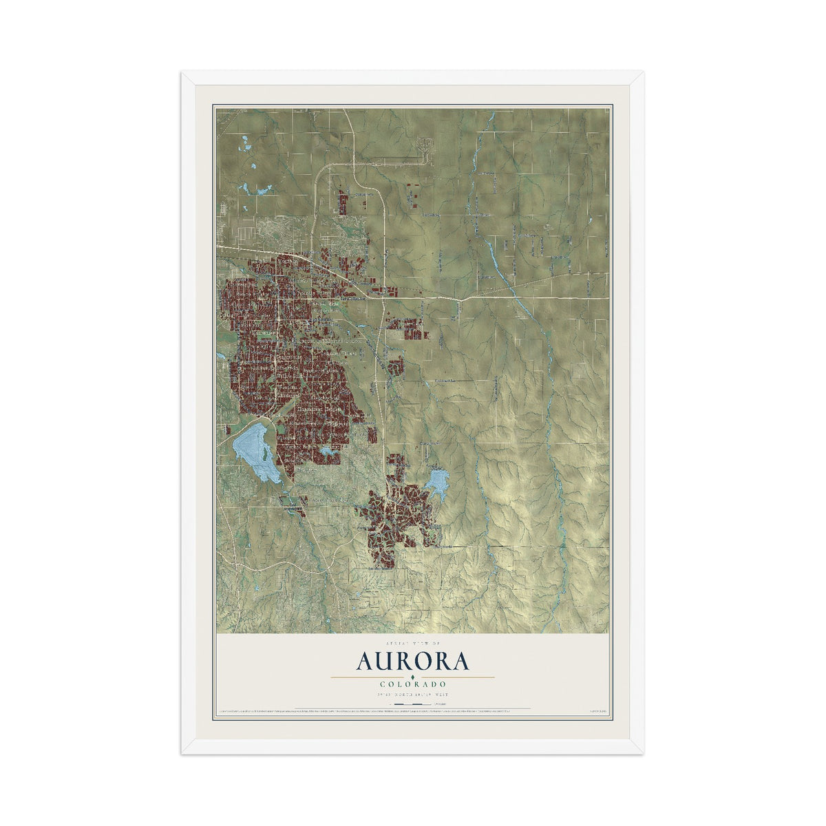 Map of Aurora, Colorado, 12 x 18 inch print in a white wood frame