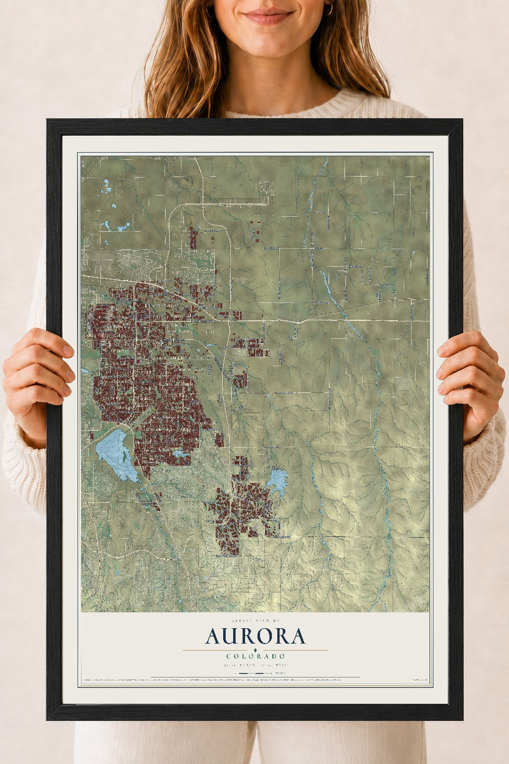 Map of Aurora, Colorado, 18 x 24 inch print in a black wood frame