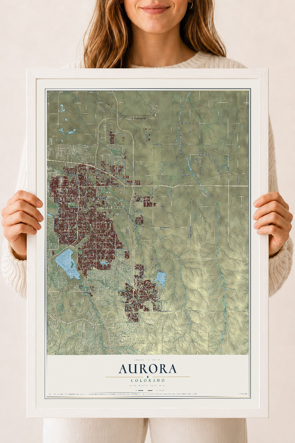 Map of Aurora, Colorado, 18 x 24 inch print in a white wood frame