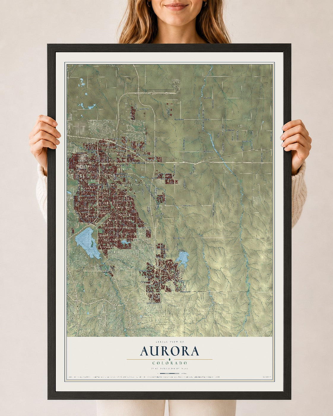Map of Aurora, Colorado, 24 x 36 inch print in a black wood frame