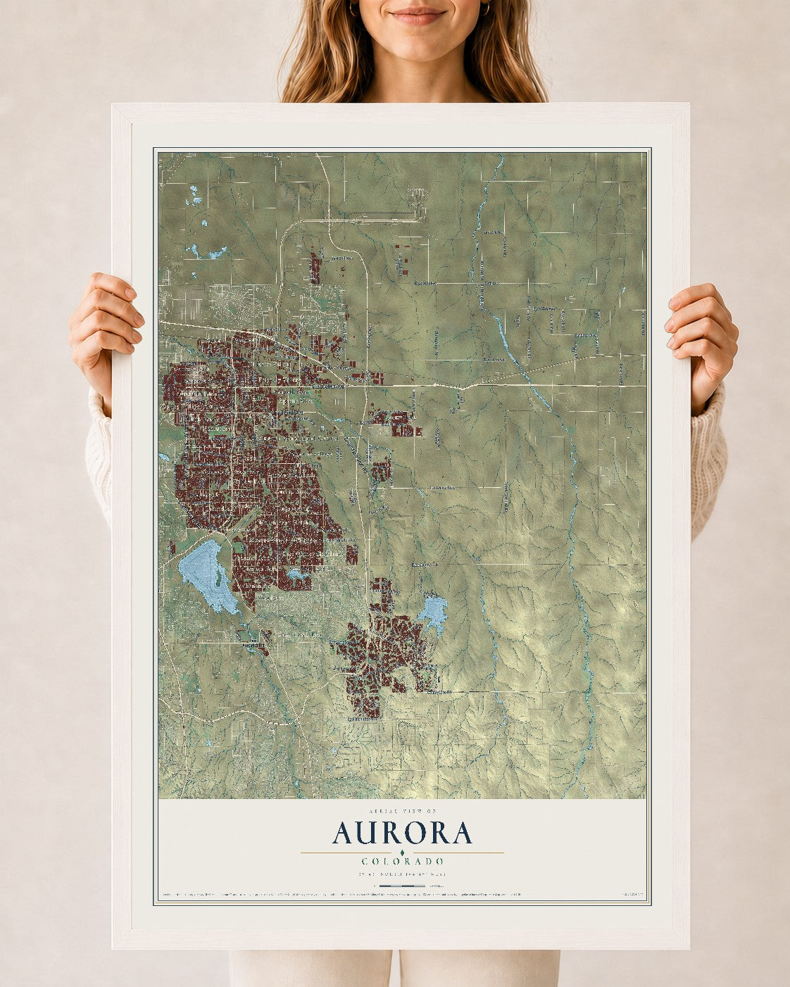 Map of Aurora, Colorado, 24 x 36 inch print in a white wood frame