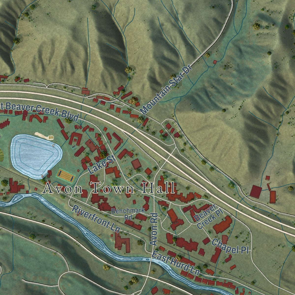 Close-up of the map of Avon, Colorado print showing street and building detail