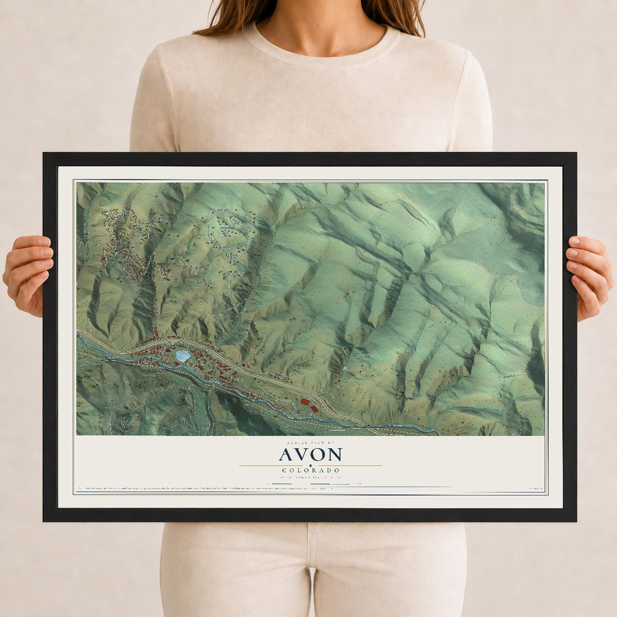 Map of Avon, Colorado, 12 x 18 inch print in a black wood frame