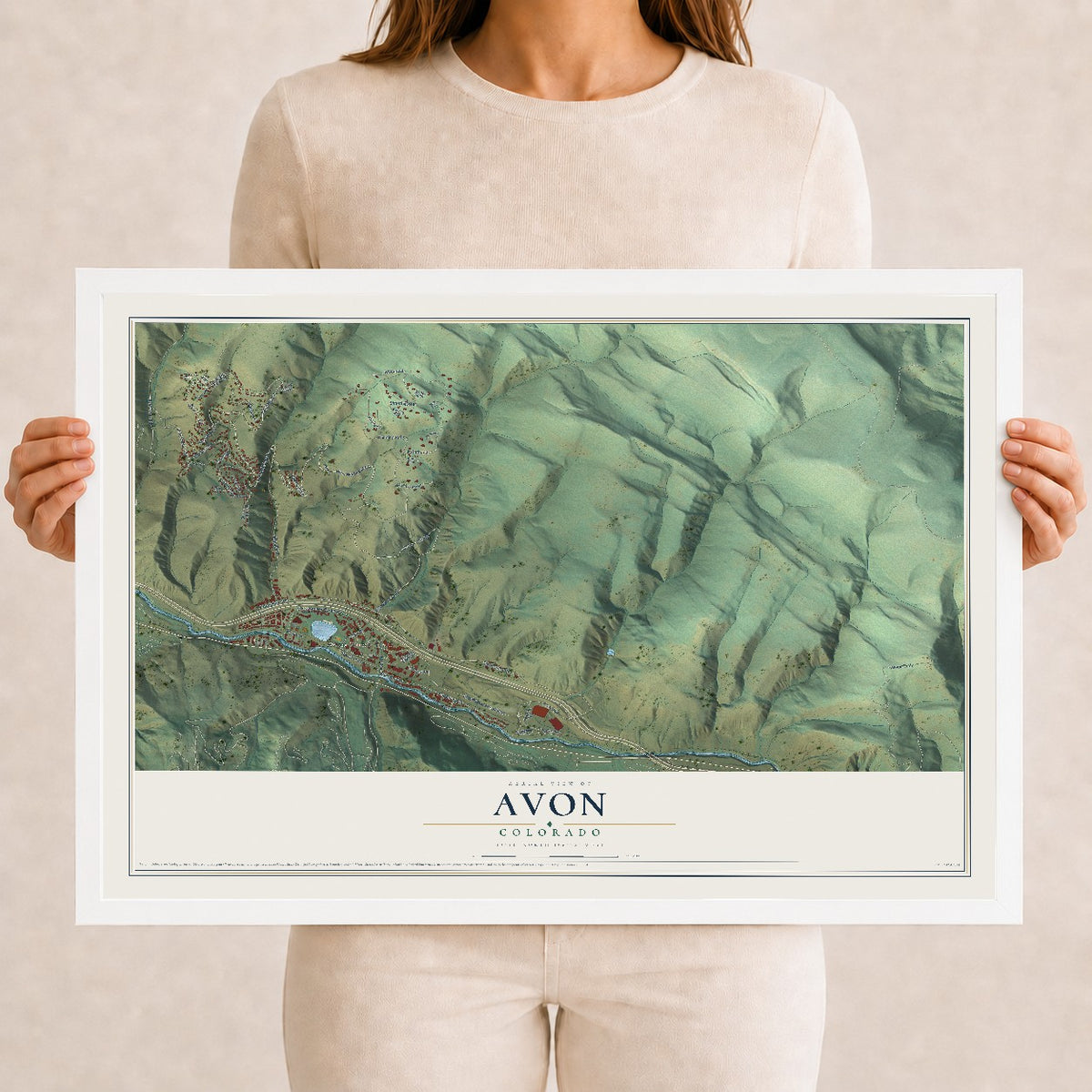 Map of Avon, Colorado, 12 x 18 inch print in a white wood frame