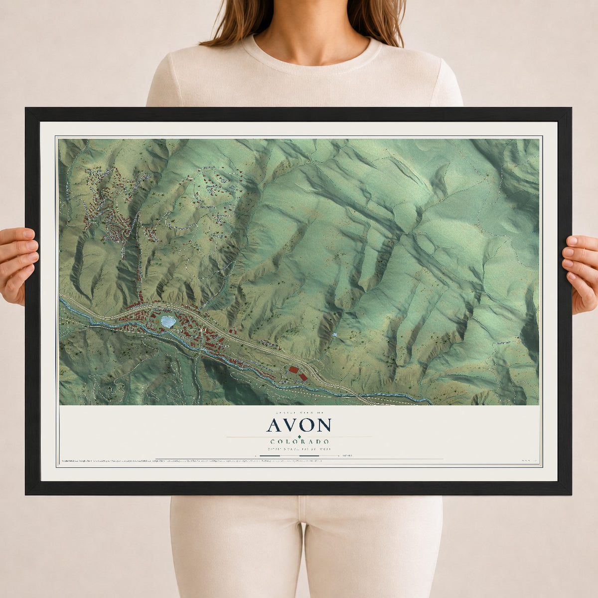 Map of Avon, Colorado, 18 x 24 inch print in a black wood frame