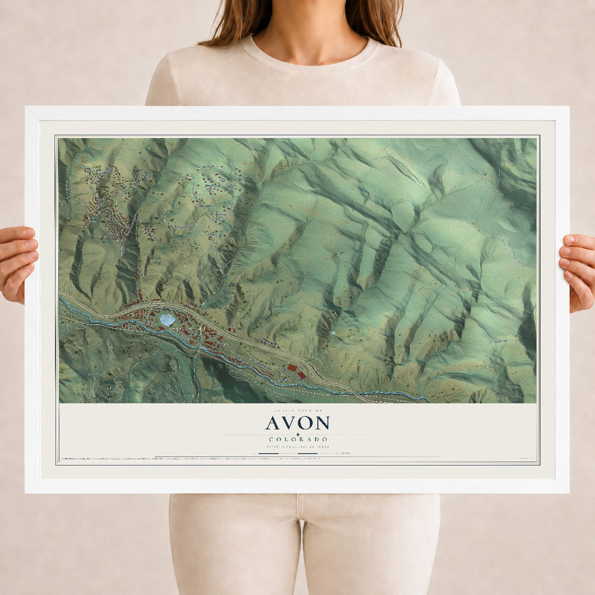 Map of Avon, Colorado, 18 x 24 inch print in a white wood frame